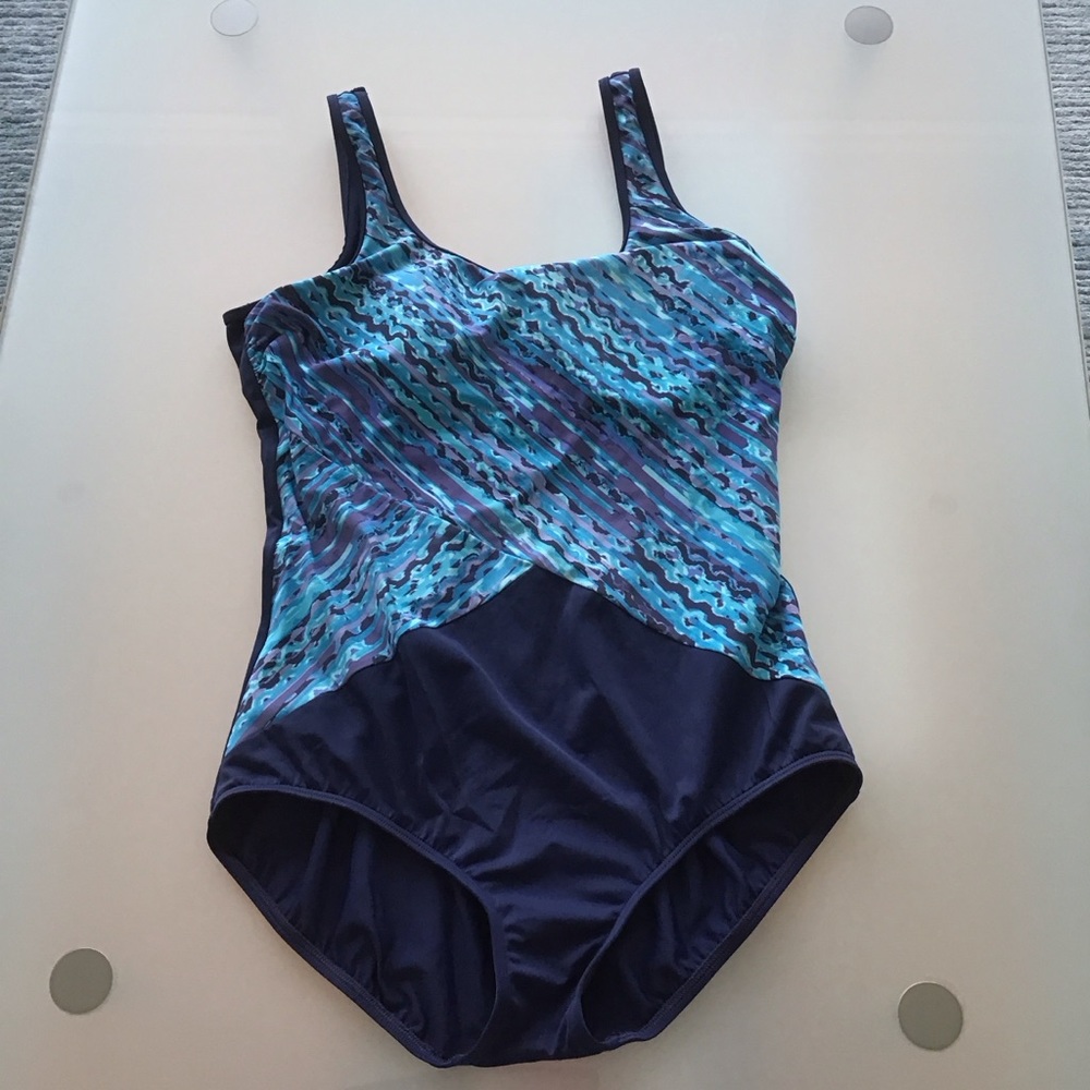 Lands End‎ Navy Patterned Blue Tummy Control One Piece Tank Slimming Swimsuit 14